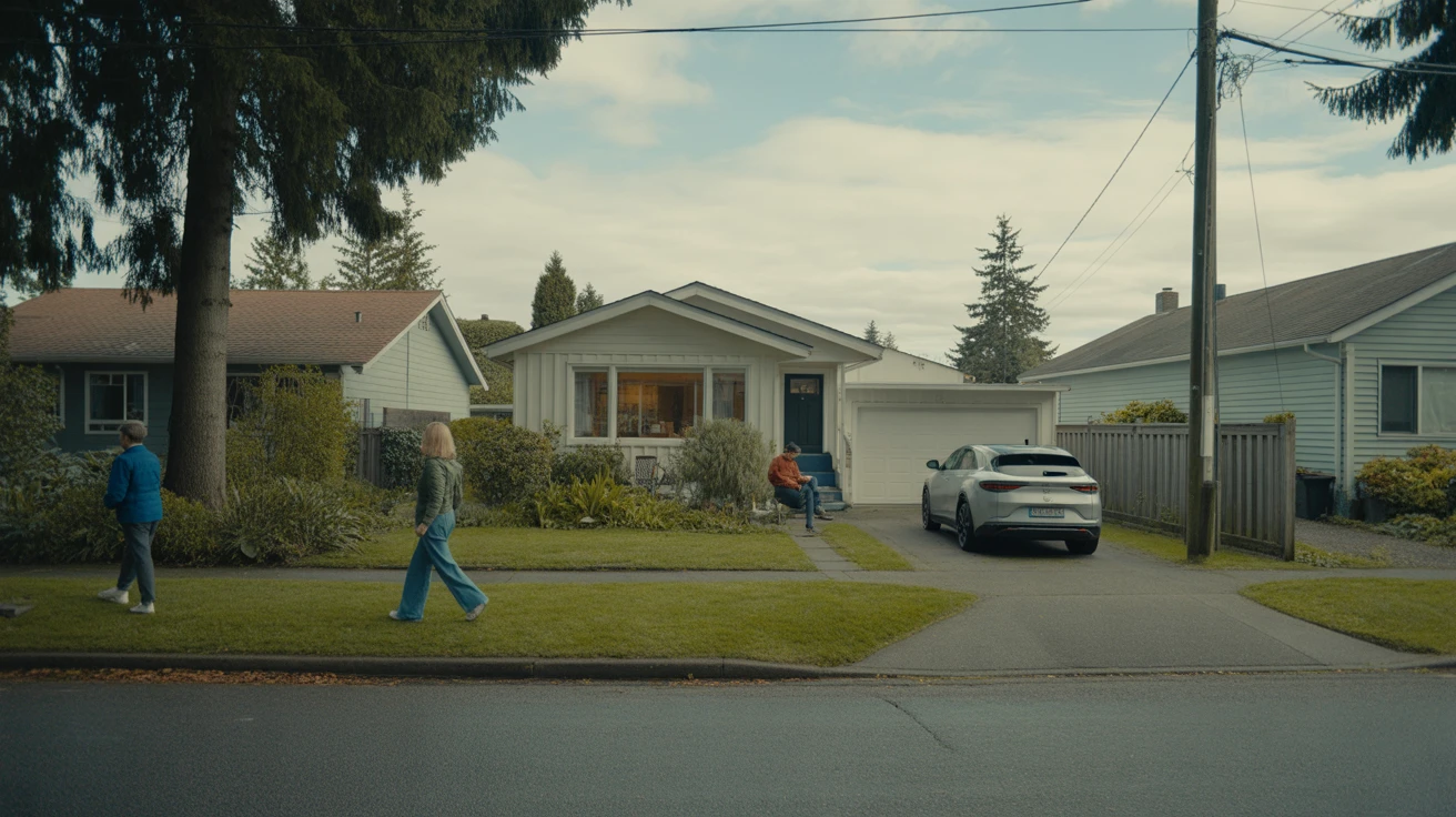 Modest single-family home with small yard and electric car in driveway on a quiet residential street in Bellevue, Washington.
