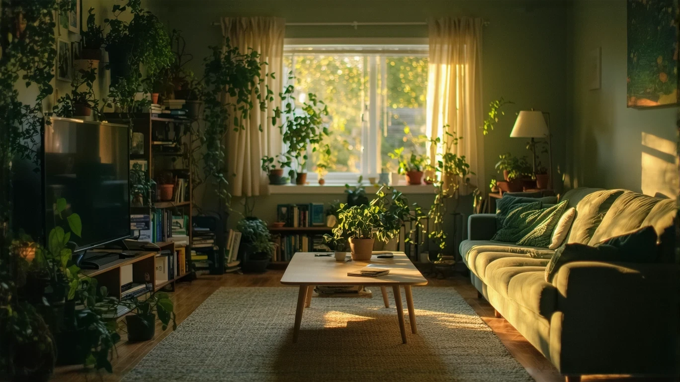 A small, sunlit living room in a suburban Redmond home with a couch and bookshelf.