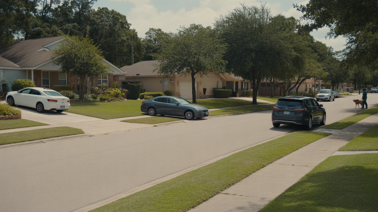 A sunny residential street in Cypress, Texas lined with modest single-family homes and parked cars.