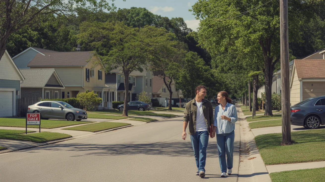 A couple walks down a sidewalk in a sunny suburban neighborhood with single-family homes and a