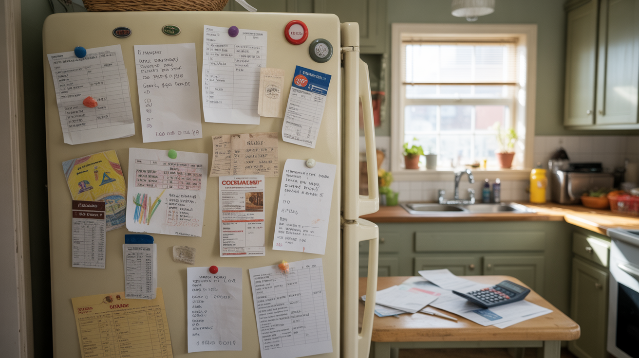 A refrigerator door covered in handwritten budget notes, grocery lists, coupons, and children's drawings held up by magnets.