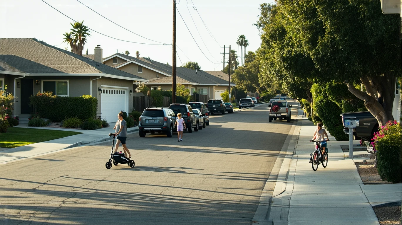 A sunny residential street in Carlsbad, California with a young family walking on the sidewalk past drought-tolerant yards and parked cars.