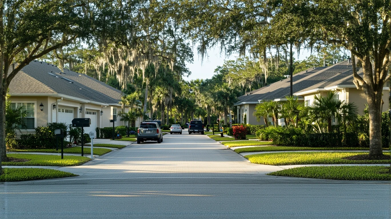 A sunny suburban street in Apopka, Florida with modest homes, parked cars, and a person walking their dog on the sidewalk.