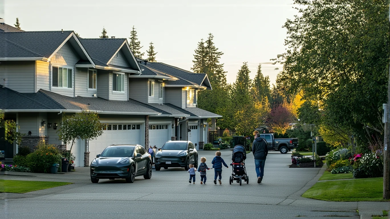 A family walks down a sidewalk in a suburban Federal Way neighborhood with craftsman-style homes and an electric car parked in a driveway.