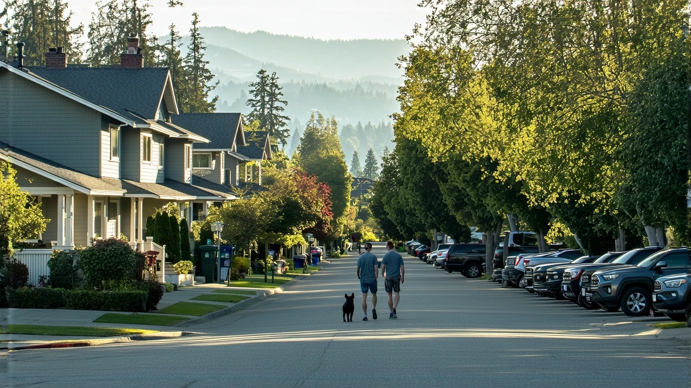 A quiet suburban street in Auburn, WA with craftsman homes, a couple walking their dog, and the Cascade Mountains in the distance.