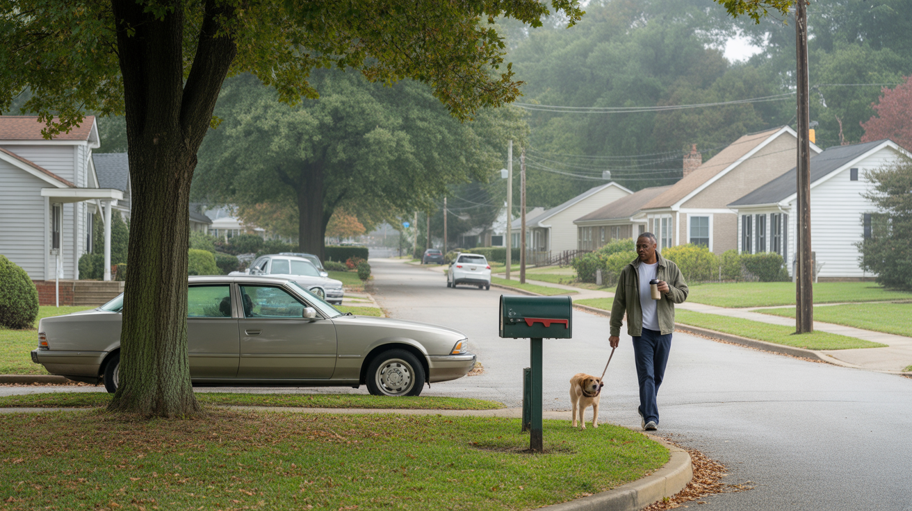 A peaceful residential street in Kannapolis, NC on a foggy fall morning