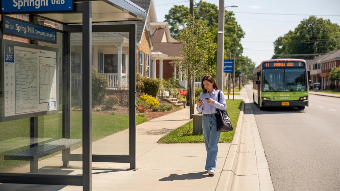 Bus stop shelter on suburban street corner in Spring Hill, Tennessee with bus approaching and woman walking nearby