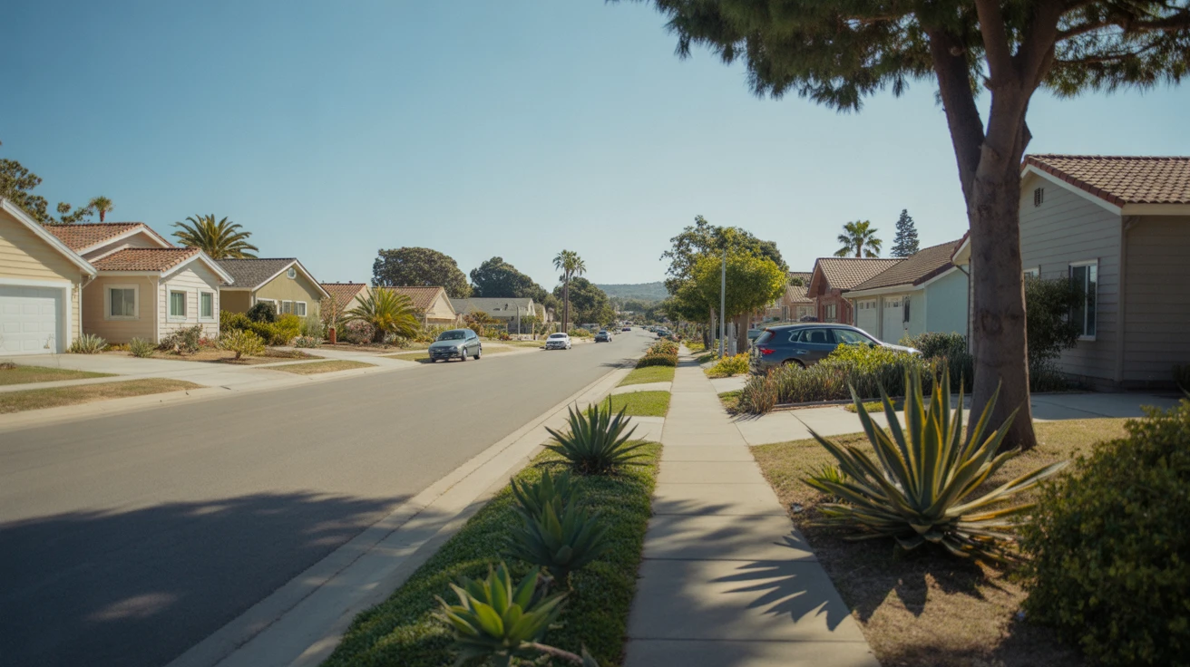 A quiet street in Vista lined with earth-tone homes and drought-tolerant landscaping on a clear summer morning.