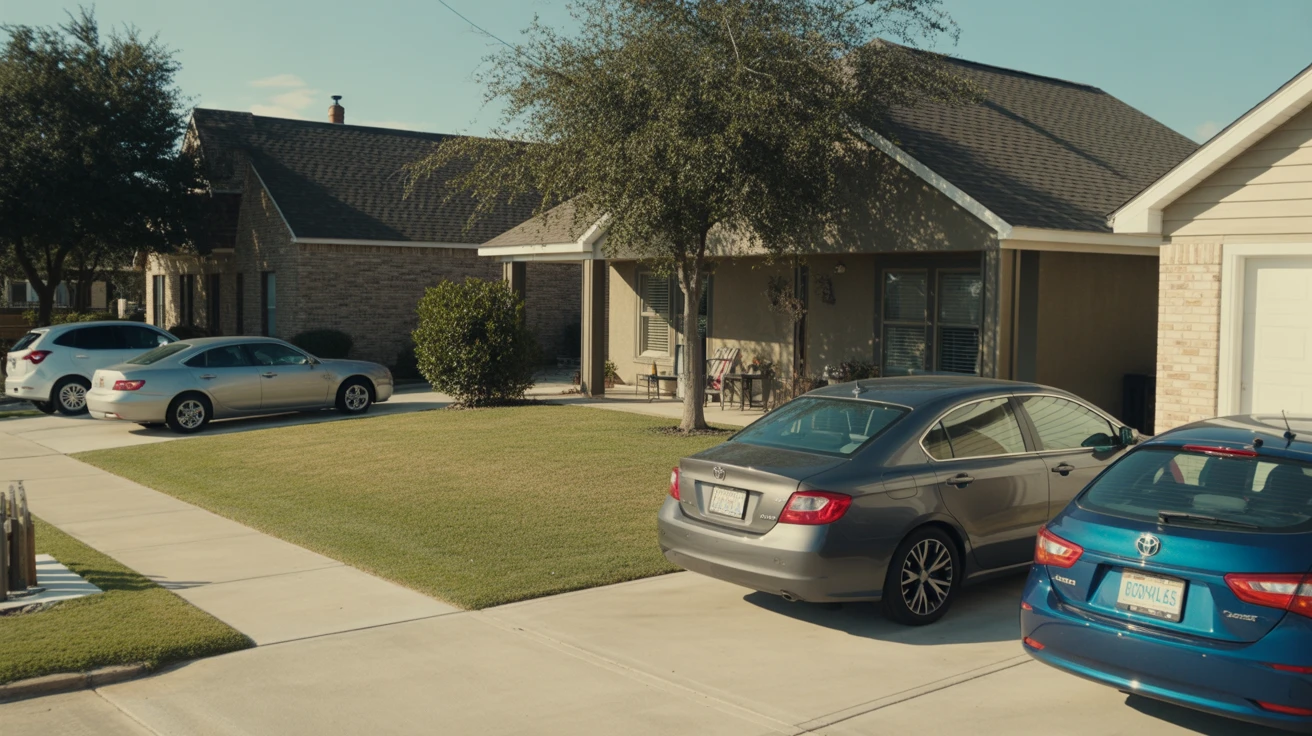 Front yard and porch of a modest suburban home in Allen, Texas with cars in driveway