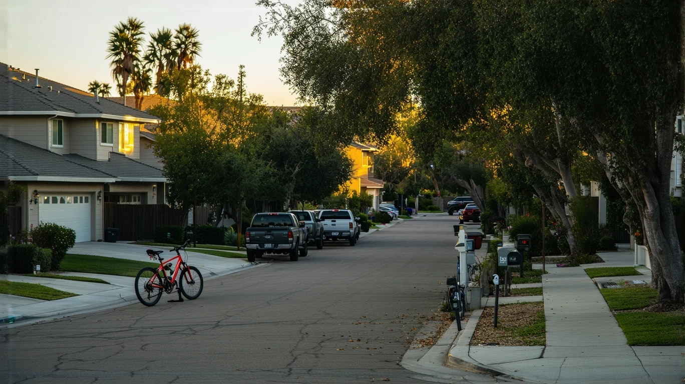 A cul-de-sac in Lemon Grove, CA at dusk with porch lights and a child's bicycle on the curb.