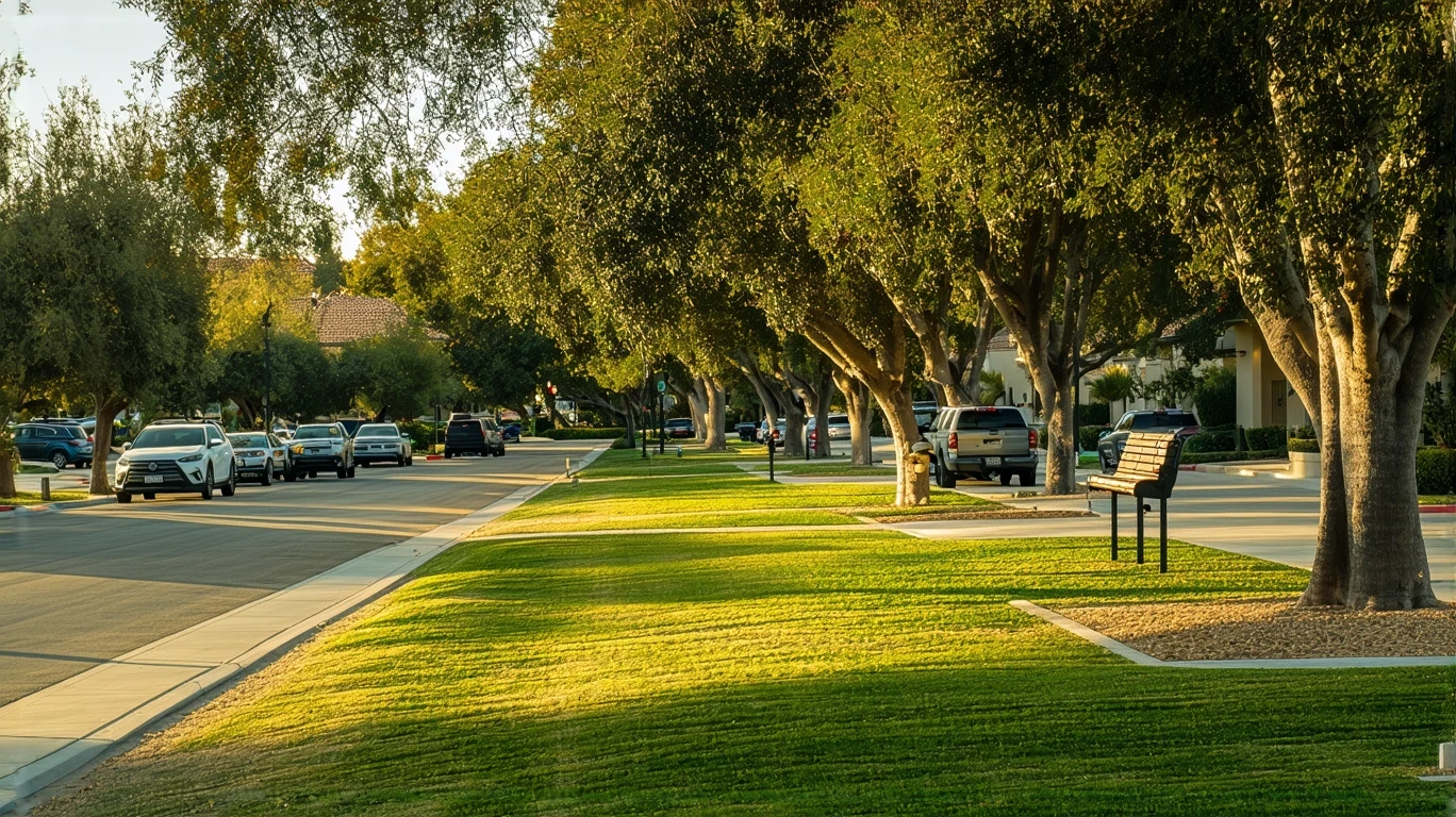 A quiet park lawn in Escondido, CA with oak trees, empty benches, and golden hour light.