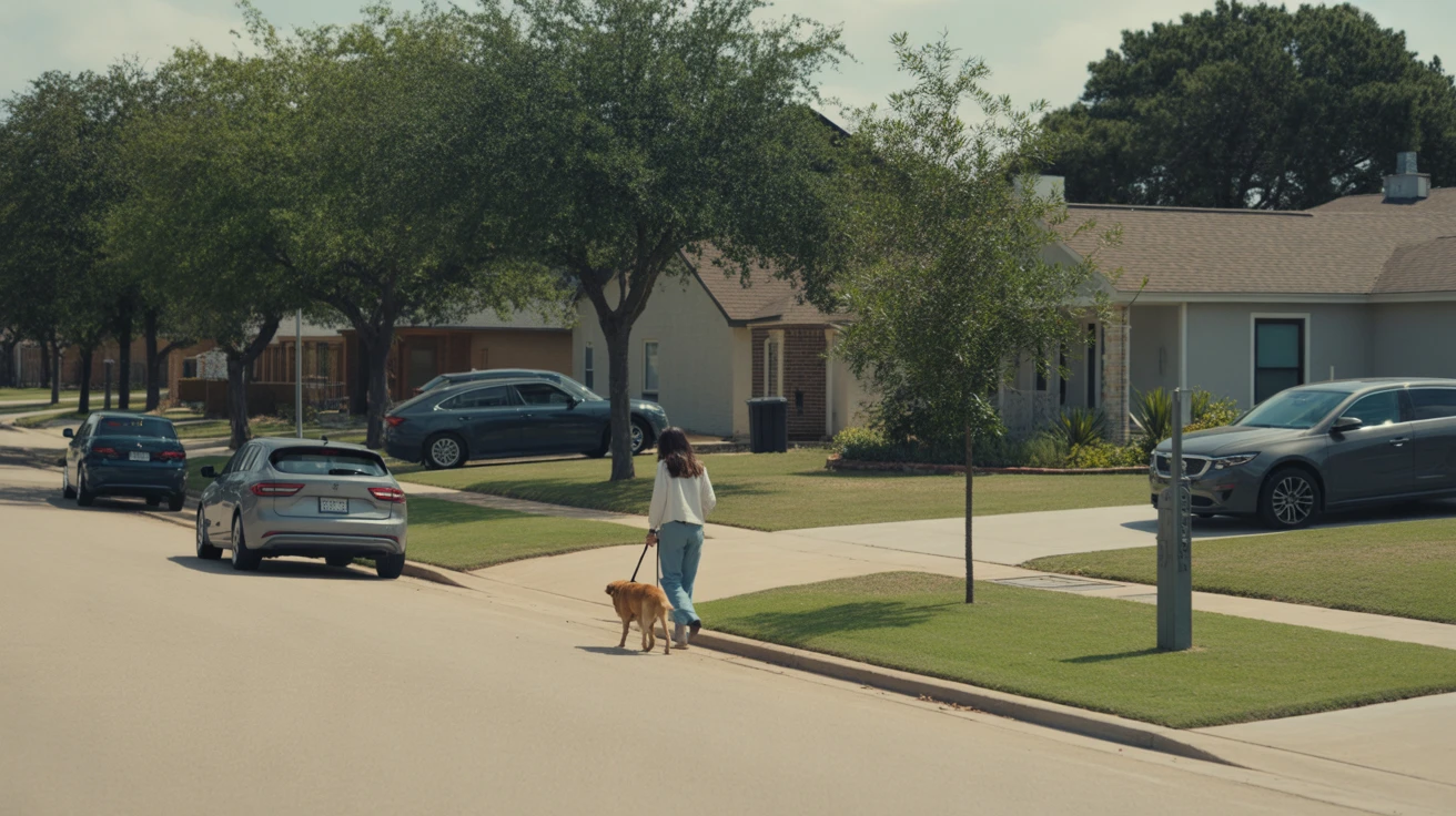 A sunny residential street in Carrollton, Texas with modern homes, parked cars, and a person walking their dog on the sidewalk.