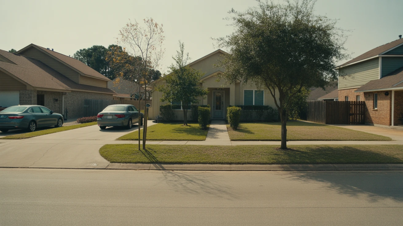 Exterior view of a typical suburban home in Cypress, Texas with a car parked in the driveway and a neatly maintained front yard.