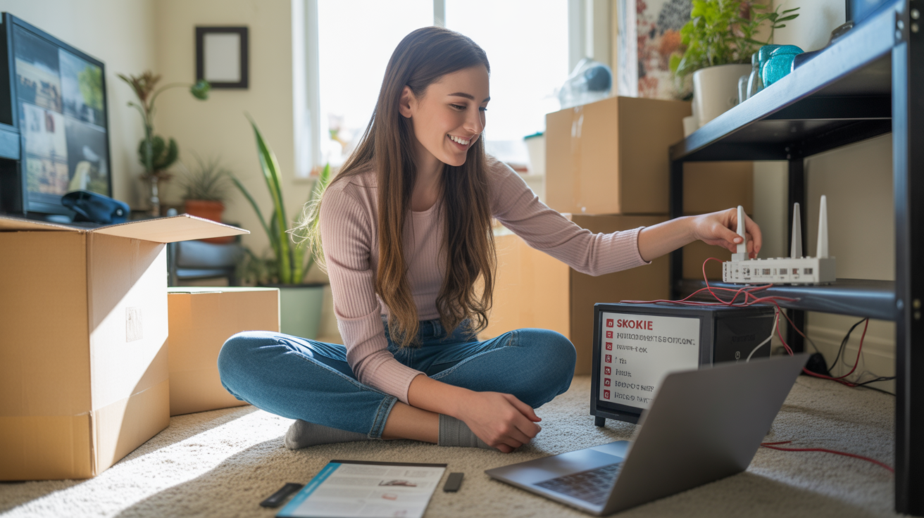 Woman setting up Wi-Fi router and streaming services in her new Skokie apartment