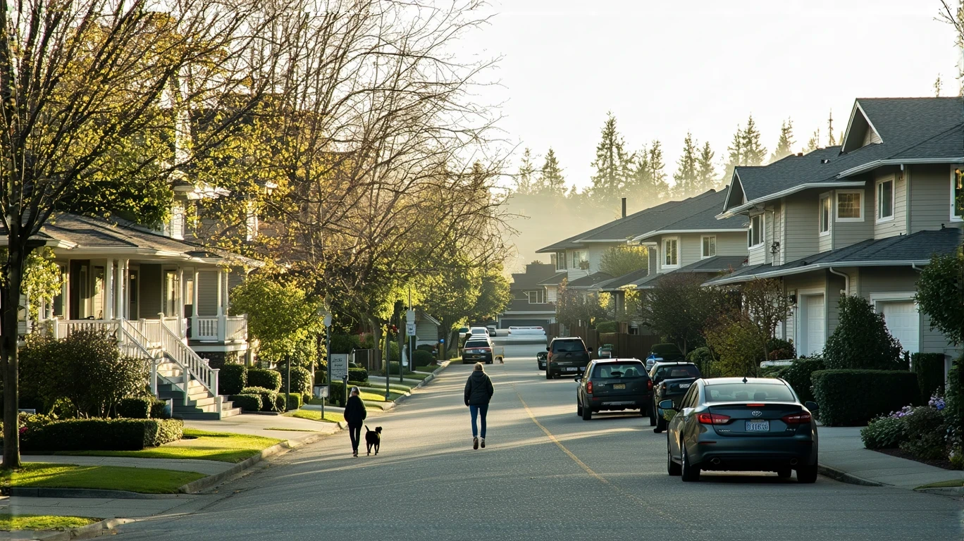 A woman walks her dog on a sidewalk past craftsman homes on a suburban street in Everett, Washington.