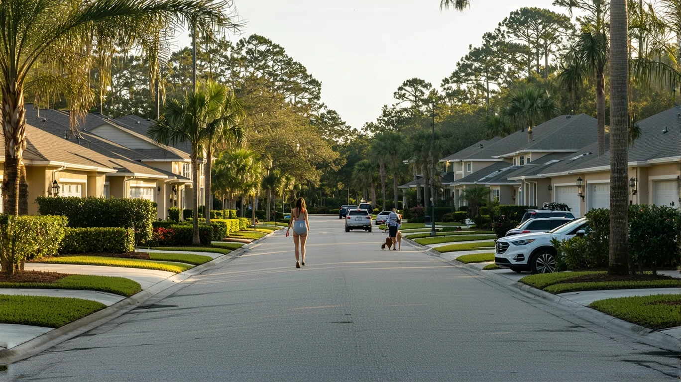 A suburban street in Wesley Chapel lined with single-family homes and small apartment buildings on a sunny day.