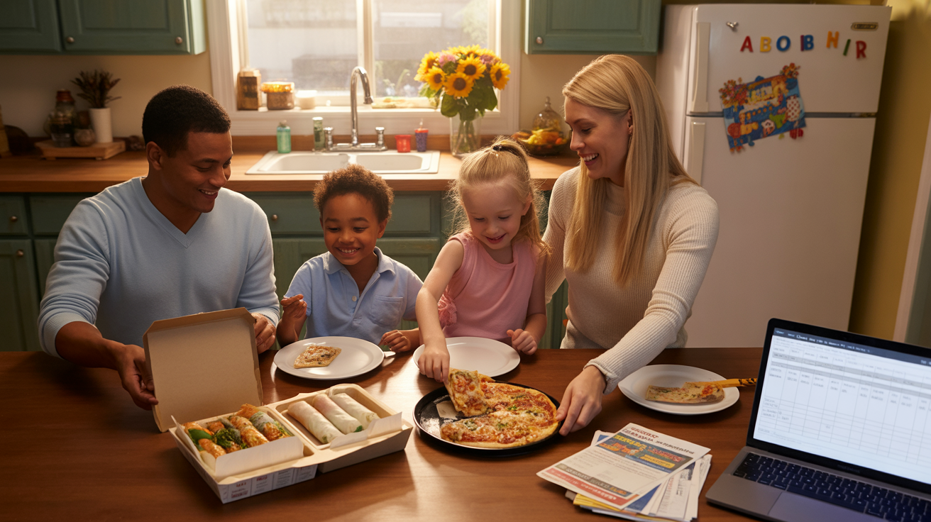 A family of four shares takeout dinner around the kitchen table in their Fern Creek home