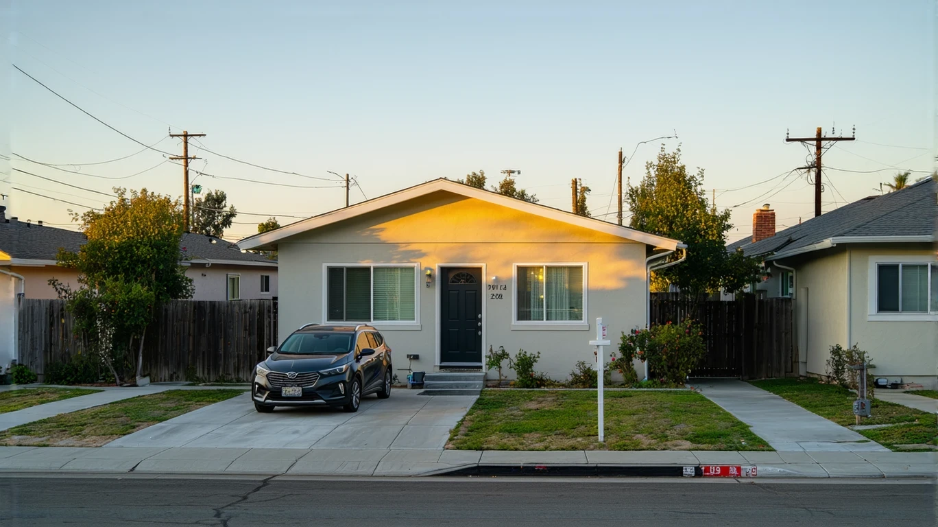 Exterior view of a modest single-family home with drought-tolerant landscaping and a parked car in the driveway on a quiet residential street in Lemon Grove, California.