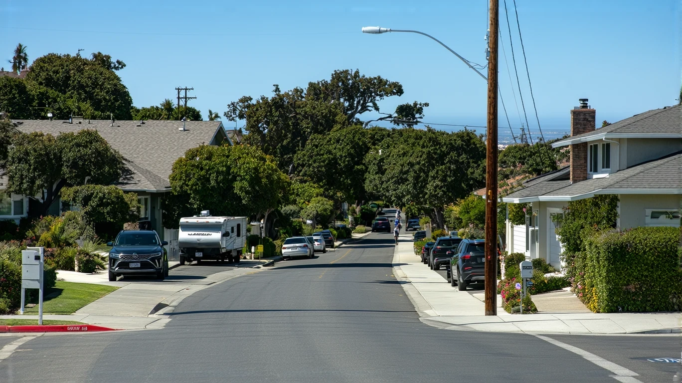 A peaceful residential street in Encinitas, California lined with modern homes and parked cars on a sunny day.