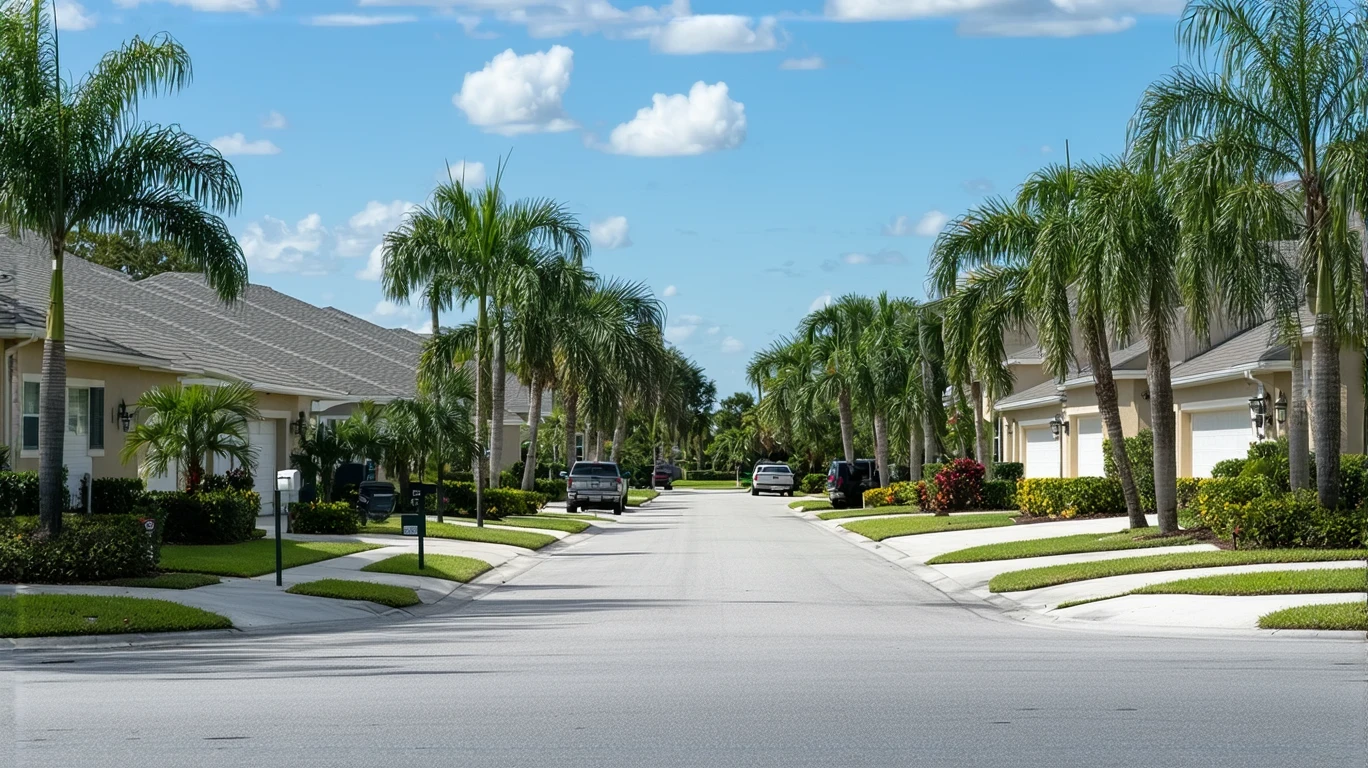 A sunny suburban street in Oviedo, Florida lined with stucco homes and tropical landscaping.