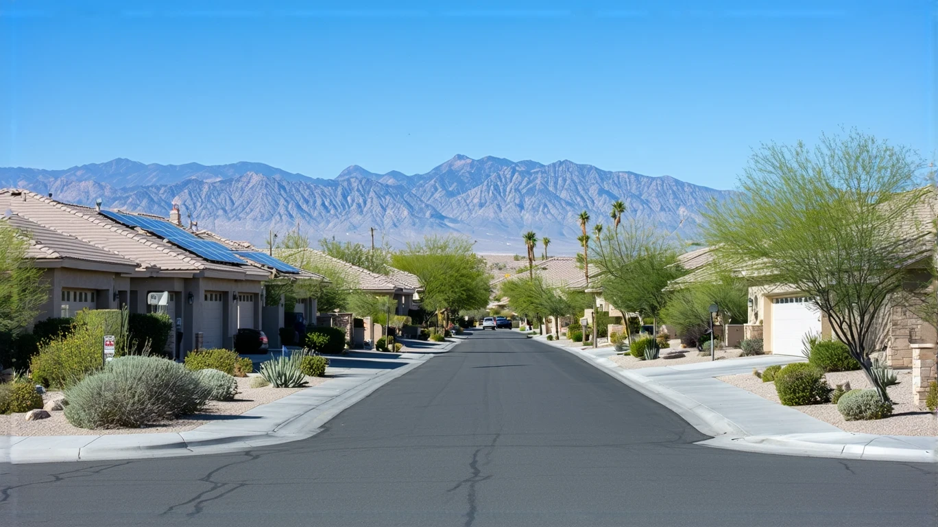 Suburban street in Blue Diamond, Nevada with stucco homes and xeriscaped yards