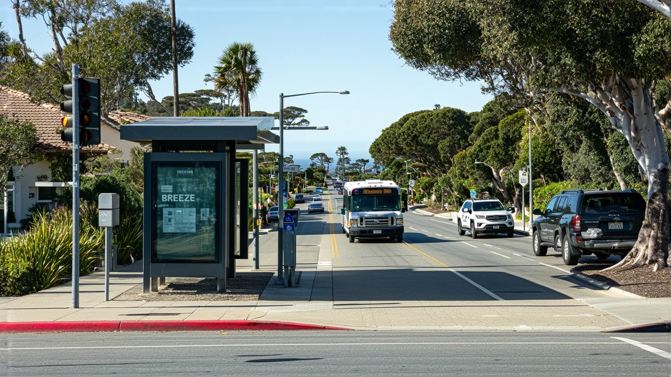 BREEZE bus approaching a stop with waiting passengers in downtown Encinitas, California