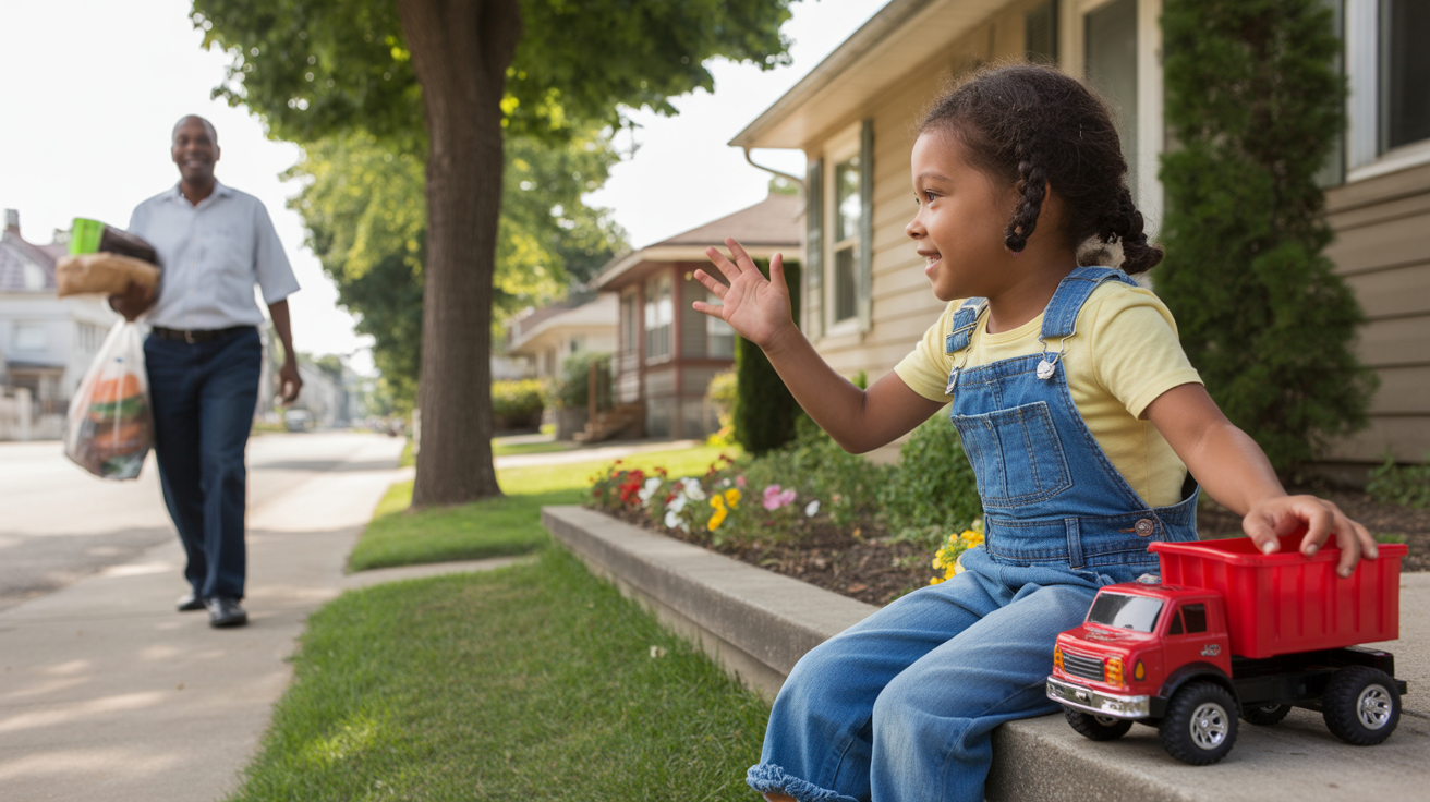 Young girl playing with toy truck on front stoop of suburban home in Okolona, Kentucky