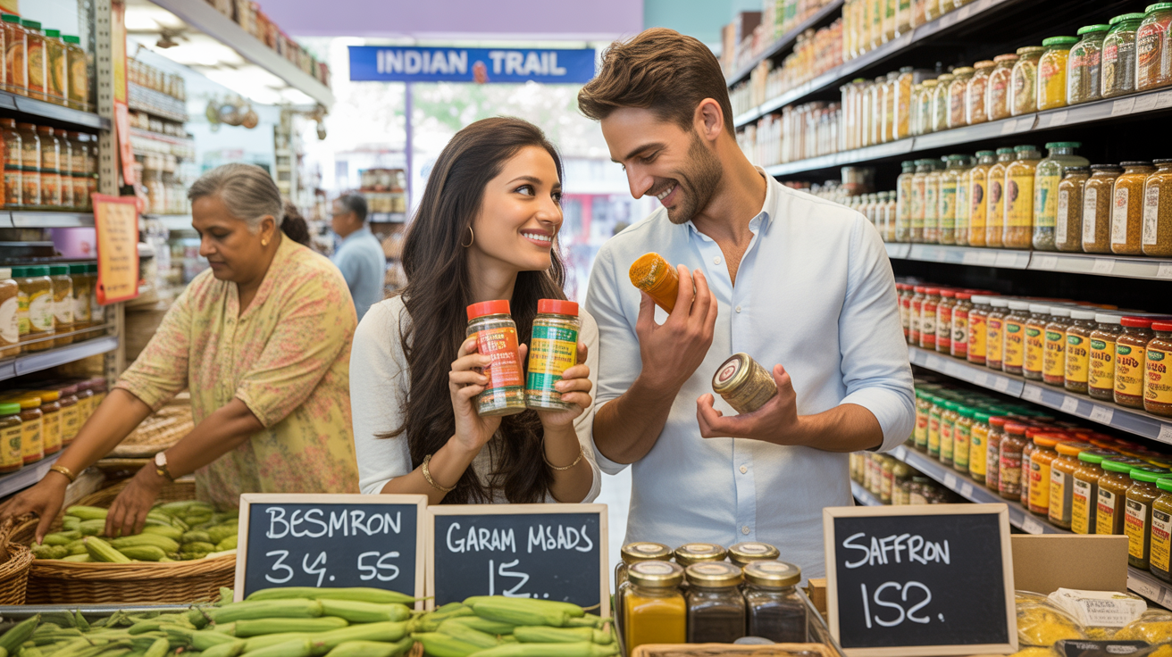 A couple compares spices while shopping at a local ethnic grocery store in Indian Trail, NC