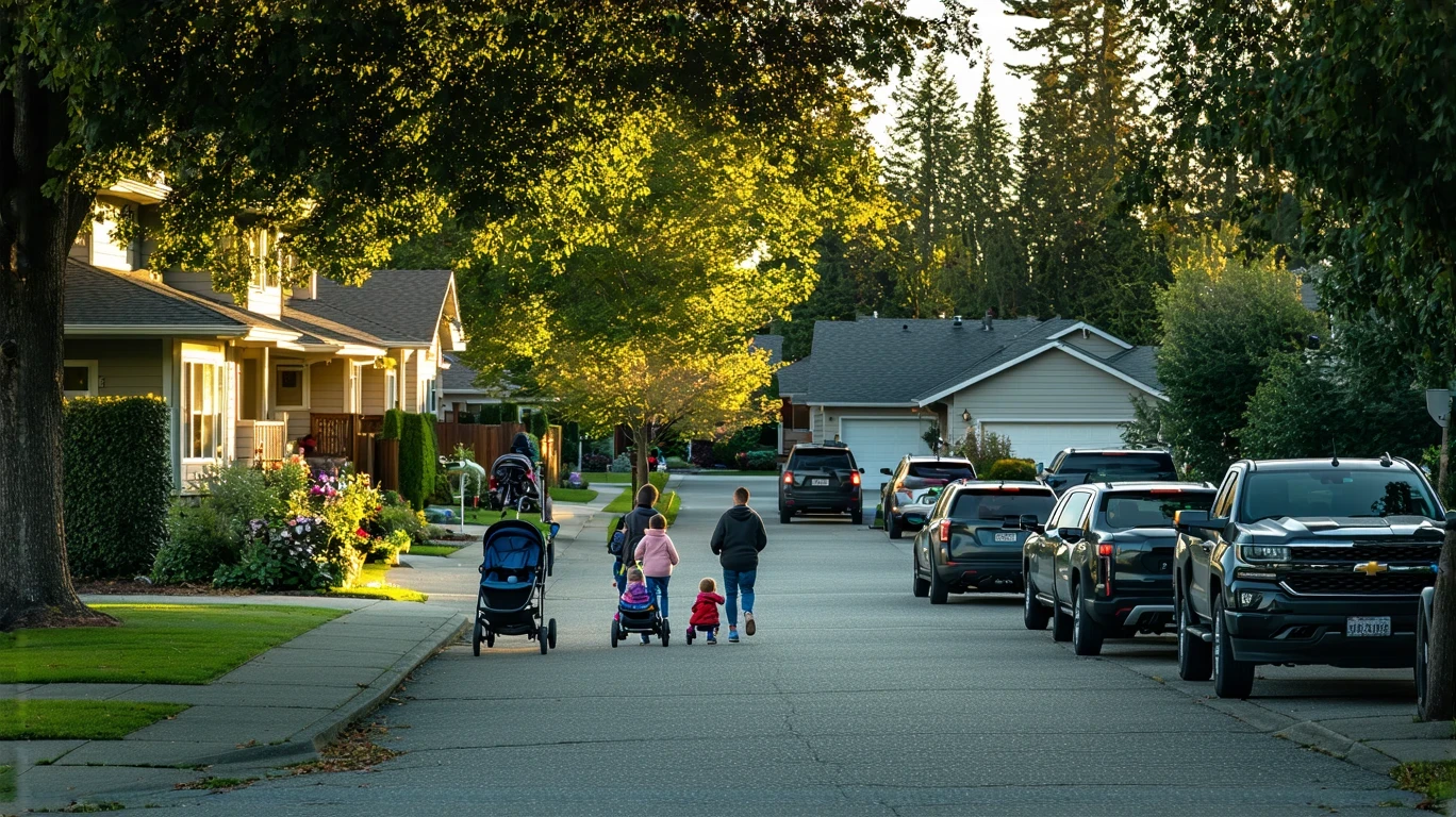 A residential street in Shoreline, Washington with craftsman homes, a young family walking, and cars parked along the street on a partly cloudy day.