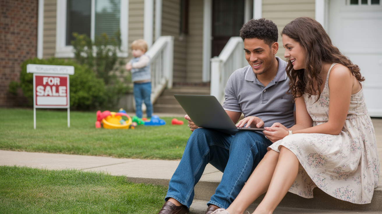 Couple looking at laptop while sitting on front steps of Schaumburg townhome