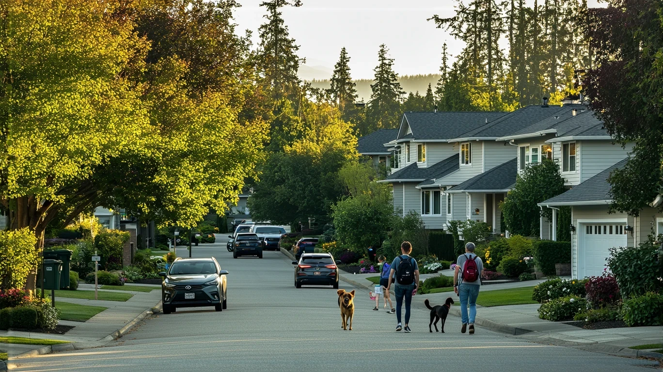 A couple walking their dog on a residential street in Redmond, WA lined with craftsman-style homes and eco-friendly cars.