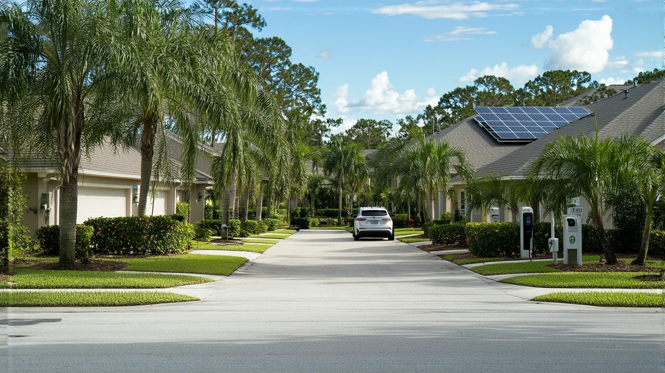 A sunny suburban street in Oviedo, Florida with solar panels and an electric vehicle charging in a driveway.