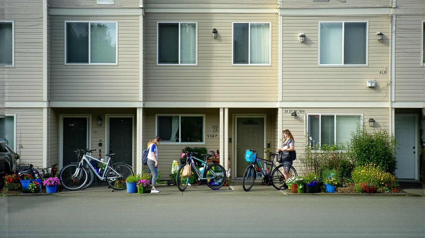 Exterior view of an apartment building in Auburn, WA with potted plants, bicycles, and a woman resident