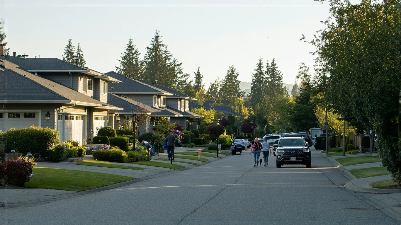 A couple walking their dog past craftsman homes on a suburban street in Redmond, Washington