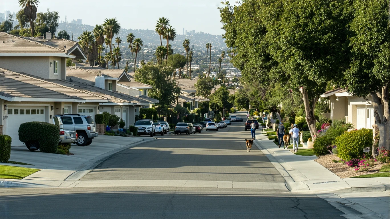 A quiet residential street in Poway, California lined with modern suburban homes and townhouses.