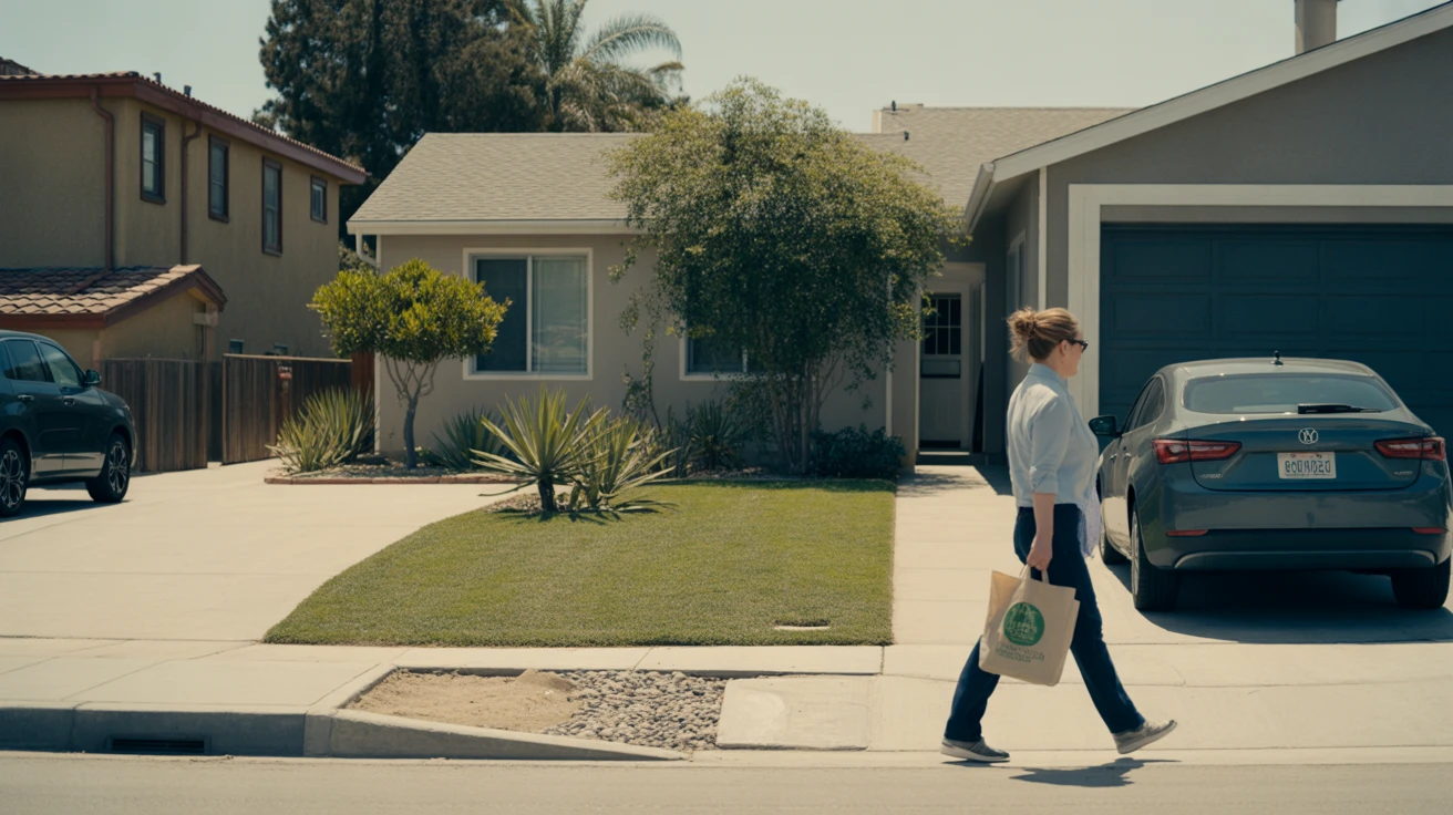 Exterior view of a modest home in National City with a person walking by carrying groceries