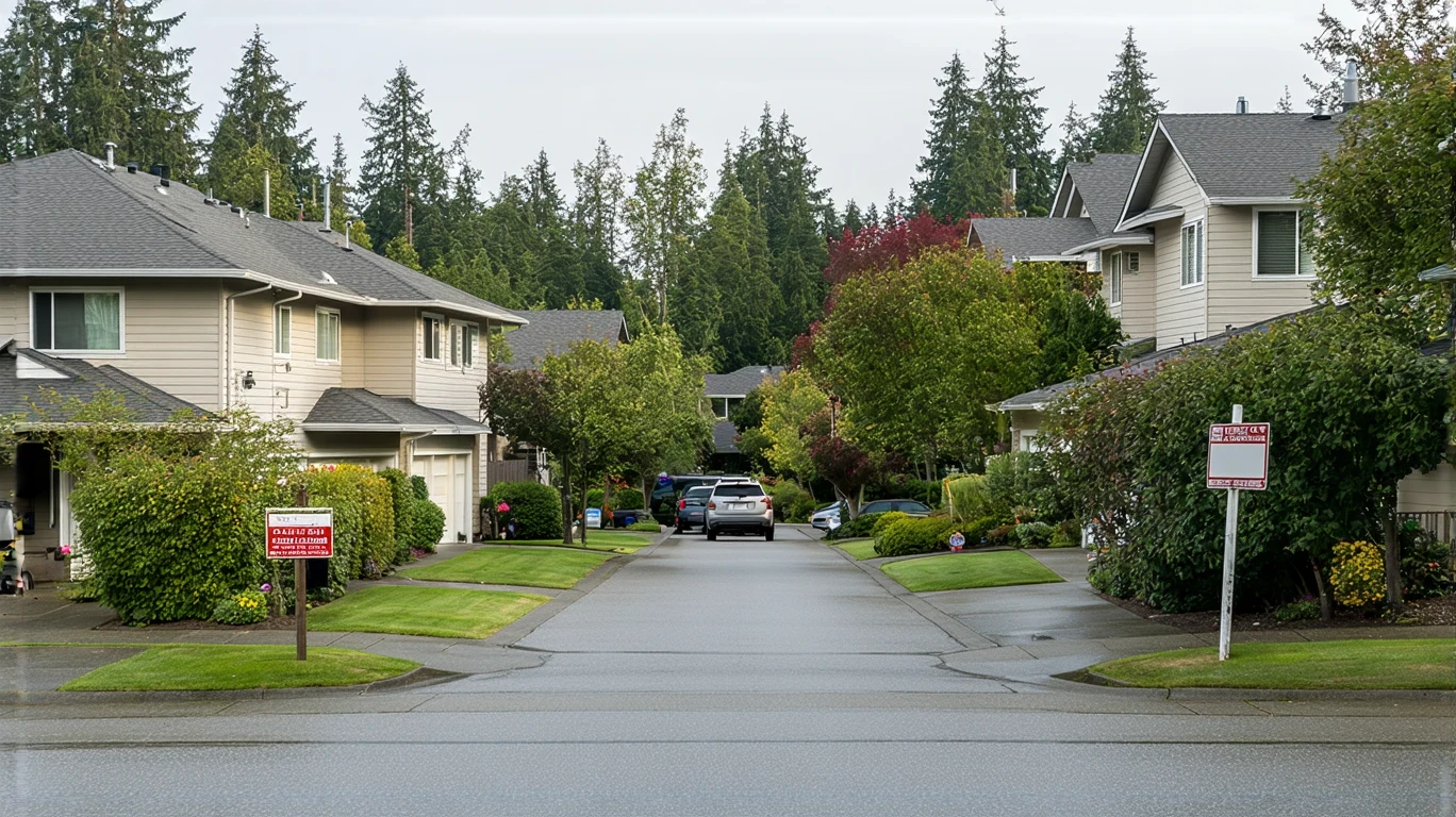 A quiet suburban street in Federal Way, Washington with craftsman homes and a for sale sign in a tidy front yard.