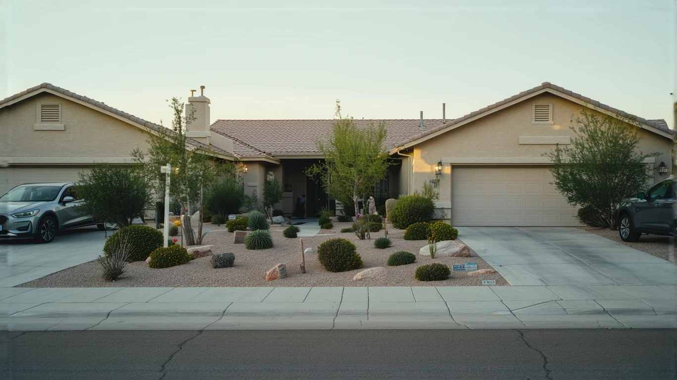 A young couple walks past a craftsman-style home in Summerlin South at dusk.