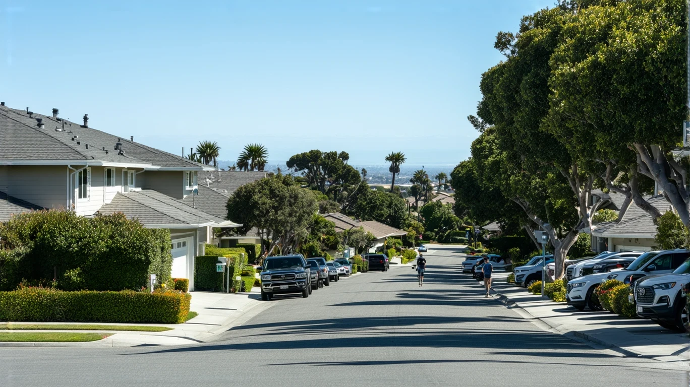 A sunny residential street in Encinitas, California lined with modern houses and small apartment buildings.
