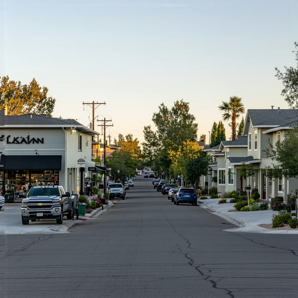 Storefronts and homes along a quiet neighborhood street in Santee, California at dusk.