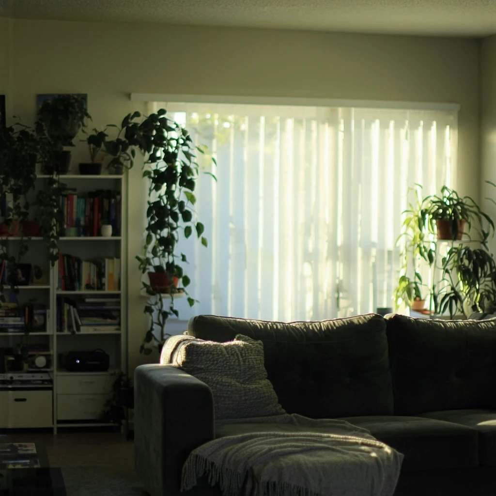 A small, naturally lit living room with a couch and bookshelf in an apartment in Chula Vista.