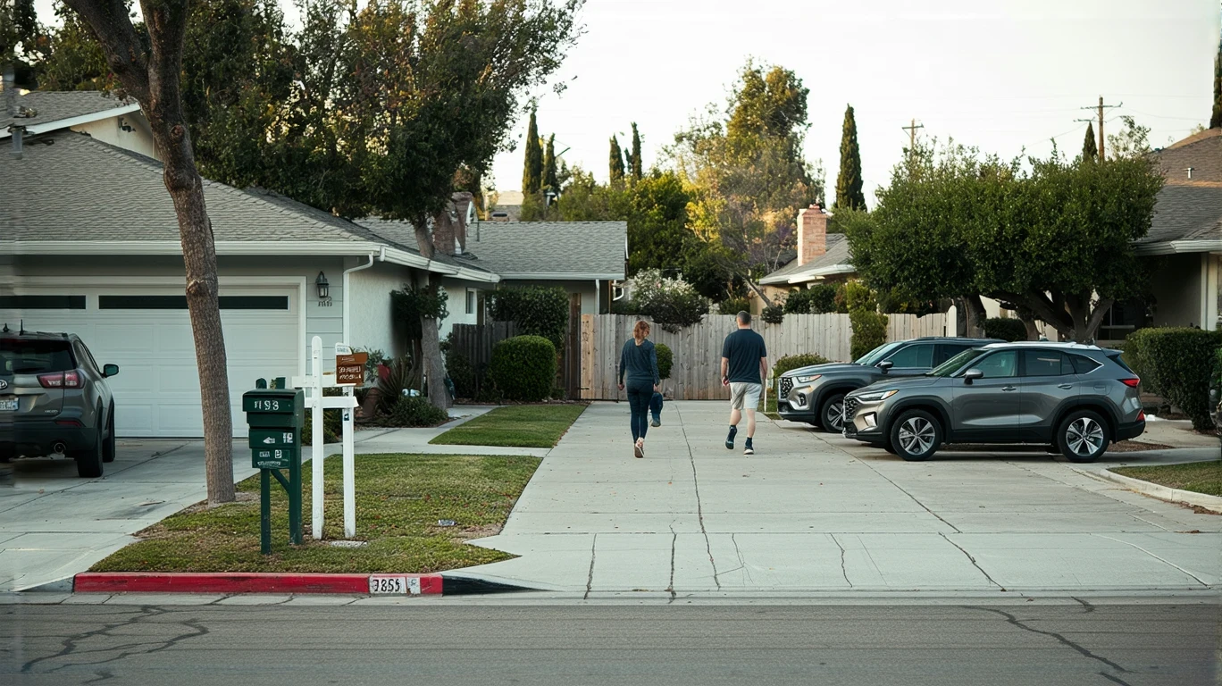 A person walking past a modest single family home in a residential Oceanside neighborhood.