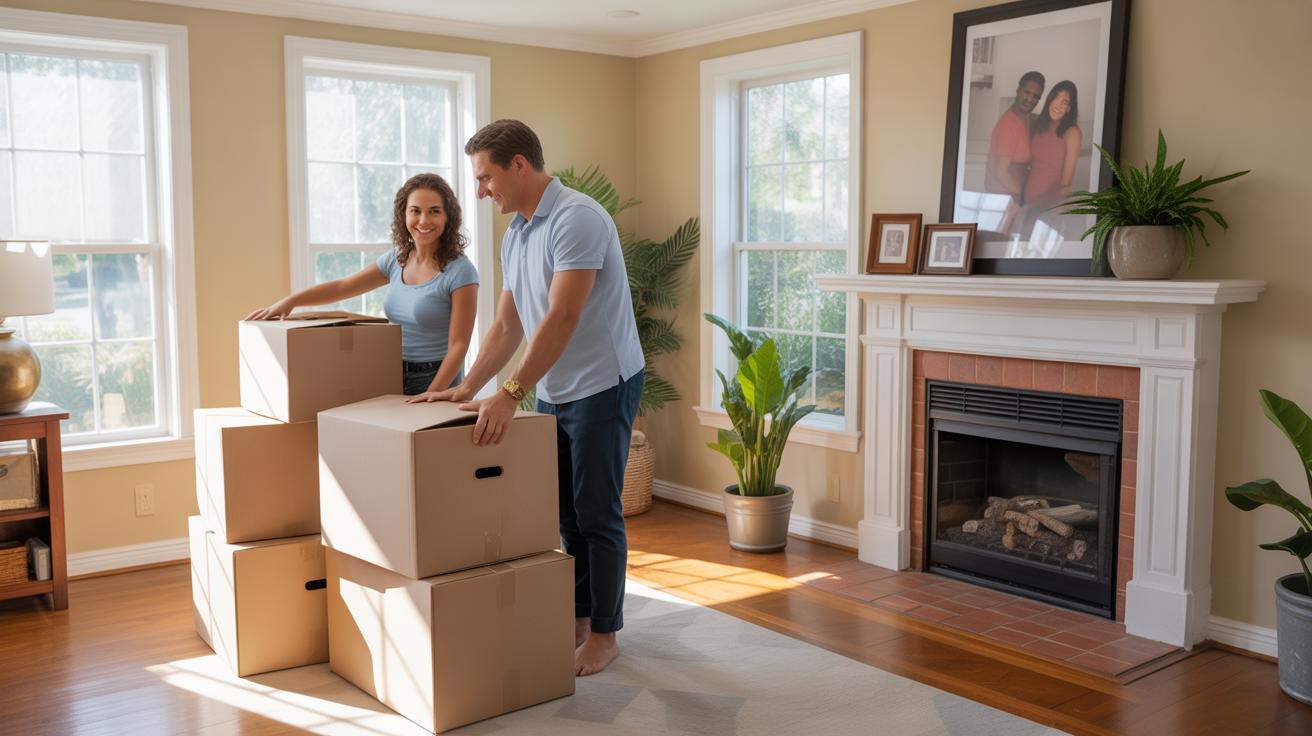 A couple unpacks moving boxes in the sunny living room of their new home in Plant City, Florida