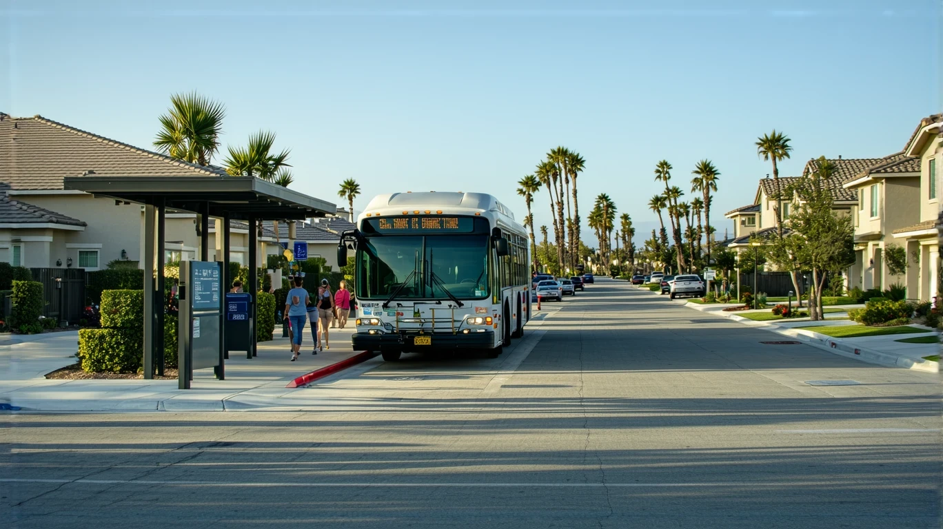 A North County Transit District bus stopped at a suburban bus shelter in Oceanside, CA with a few passengers waiting to board.