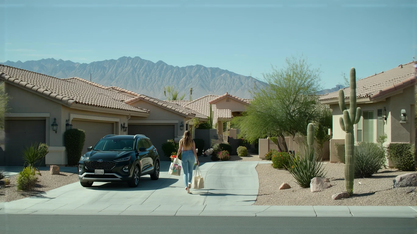 A woman carries groceries up the driveway of a stucco home in a suburban Las Vegas neighborhood with mountain views.