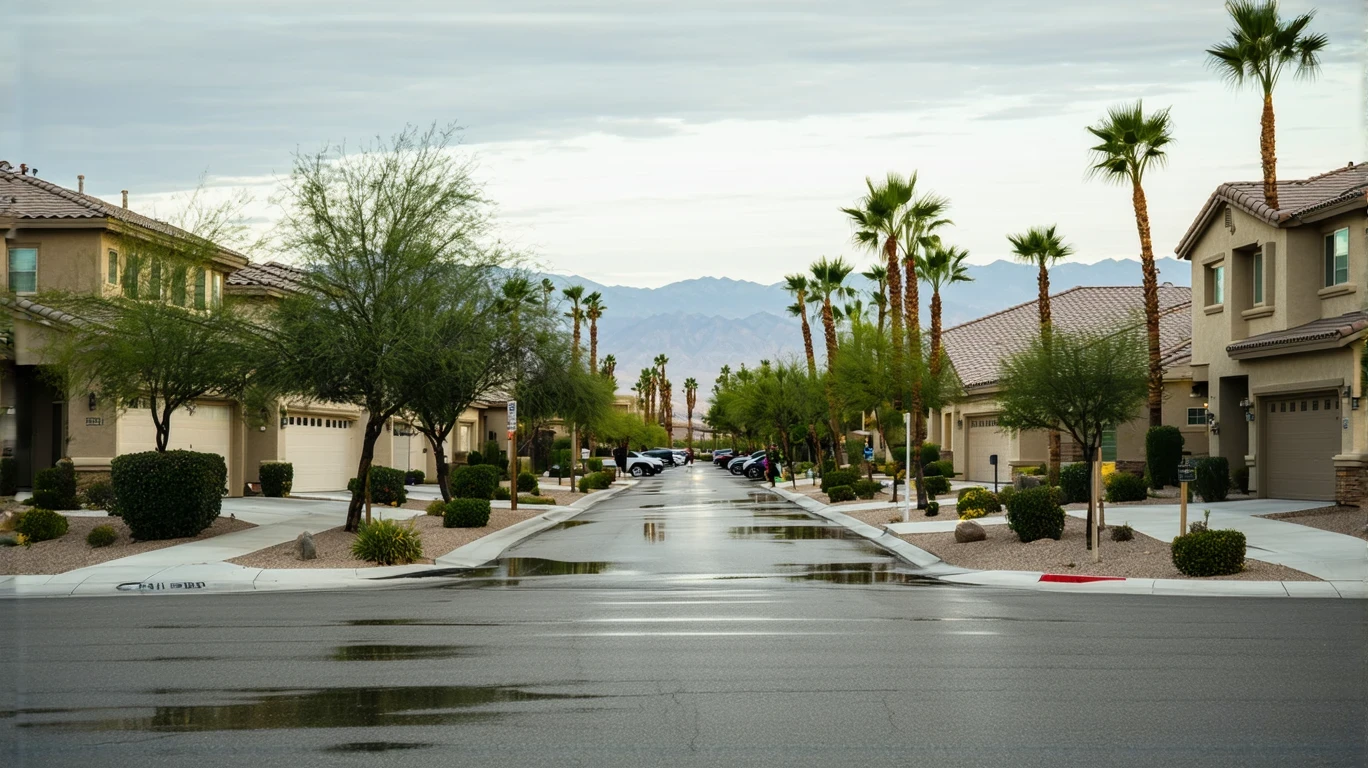 A residential street in Summerlin South, Nevada on a cloudy day after rain, with palm tree reflections in puddles.