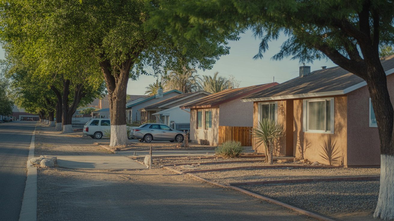 A peaceful residential street in Enterprise, NV with one-story homes and desert landscaping in the early morning light.