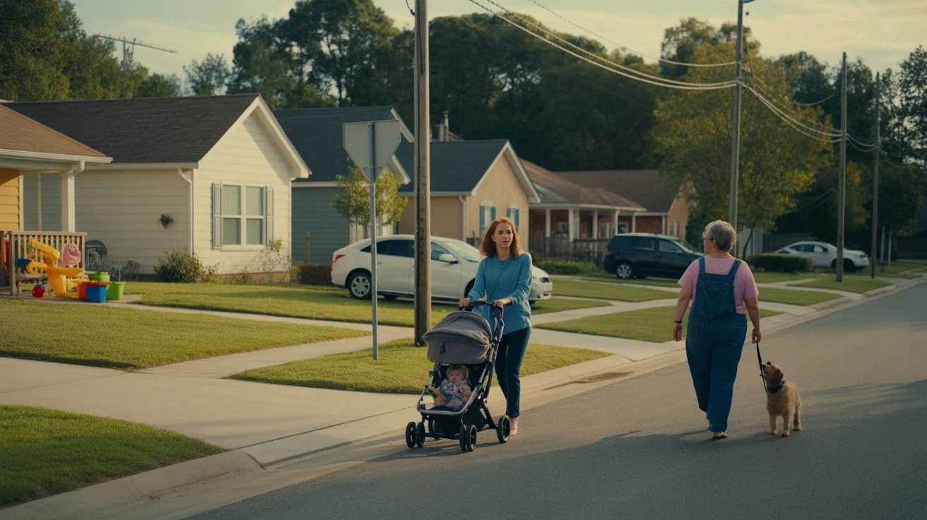 A quiet residential street in La Vergne, TN with modern homes, neighbors chatting, and a family-friendly atmosphere.