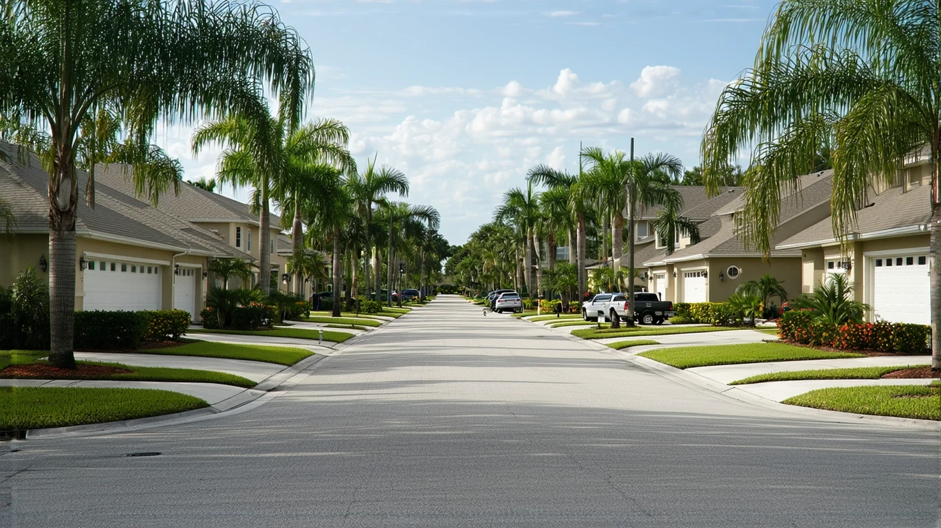A suburban street in St Cloud, Florida lined with modest stucco homes, palm trees, and parked cars.