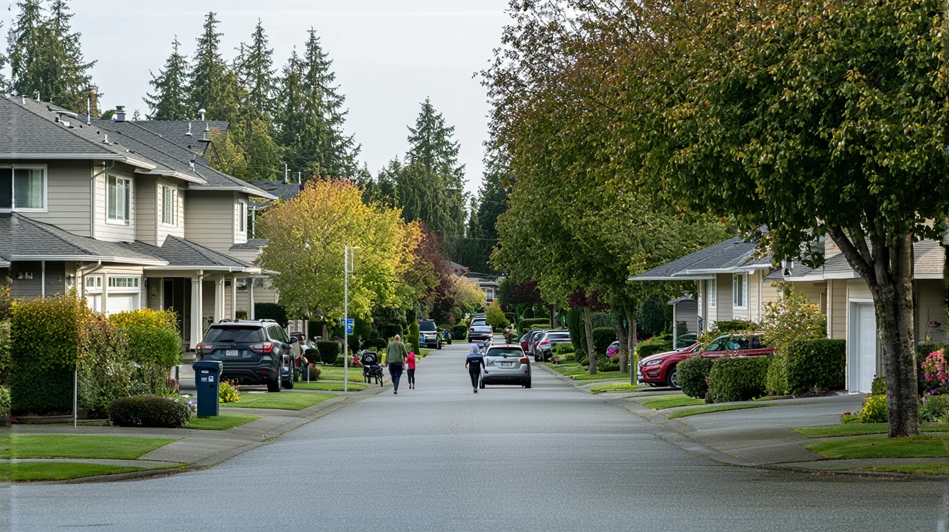 A tree-lined residential street in Shoreline, WA with craftsman-style homes and a person walking their dog on the sidewalk.
